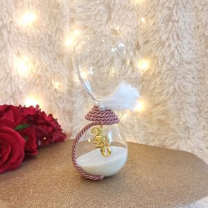 Γούρι Κλεψύδρα με Ροζ Κορδόνι και Πούπουλα