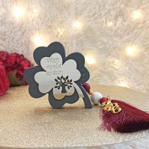 Γούρι Τριφύλλι Γκρι με Ευχές και Φούντα