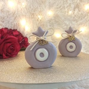 Γούρι Κεραμικό Ρόδι Λιλά με Μάτι